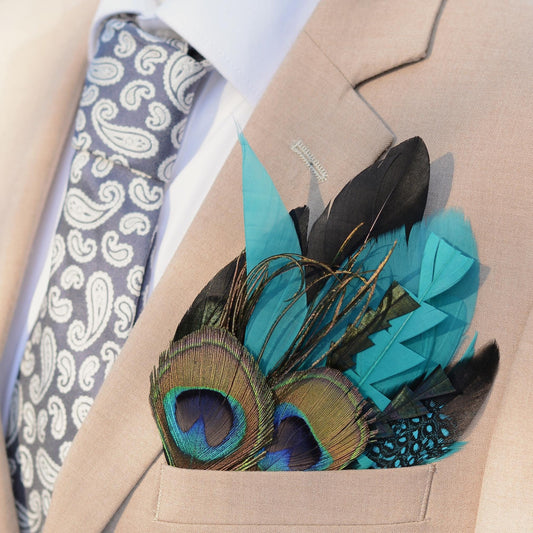 Teal, Green and Black Peacock Feather Pocket Square No.250 | Suit Accessory