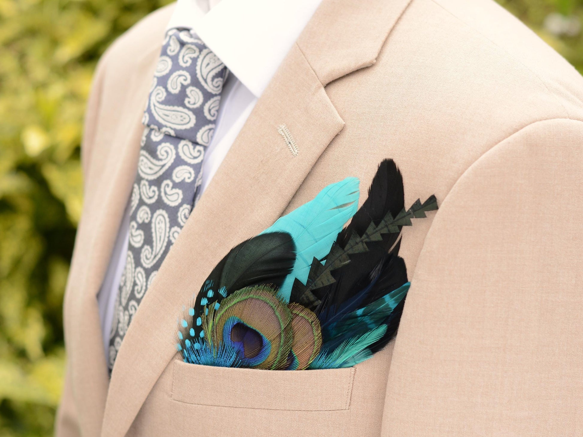 Shades of Teal and Turquoise Peacock Eye Feather Pocket Square No.252 | Suit Accessory