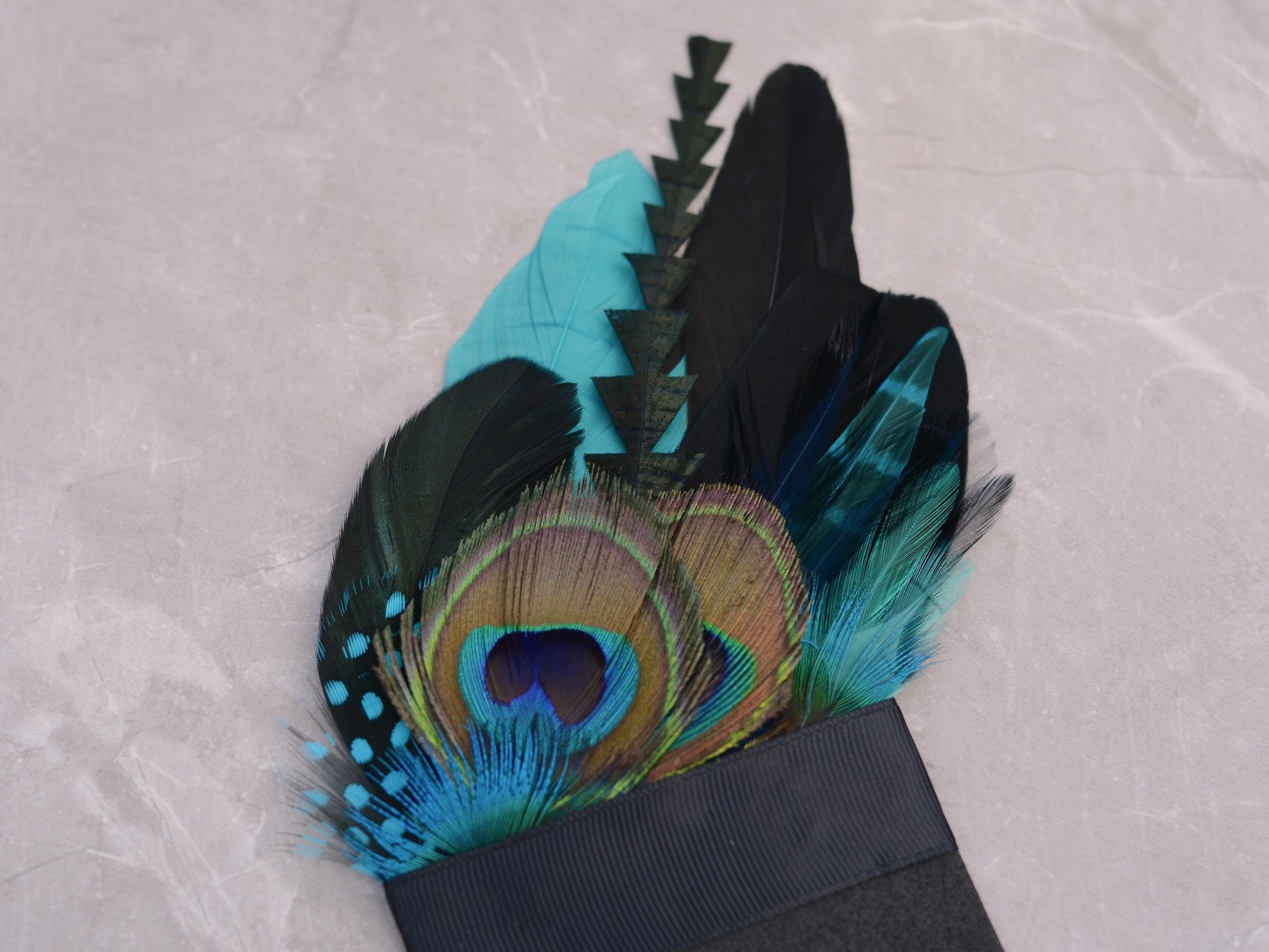Shades of Teal and Turquoise Peacock Eye Feather Pocket Square No.252 | Suit Accessory