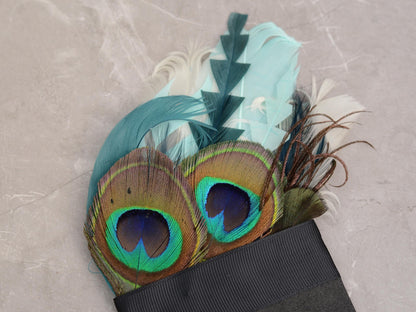 Shades of Green and Peacock Eye Feather Pocket Square No.206 | Suit Accessory