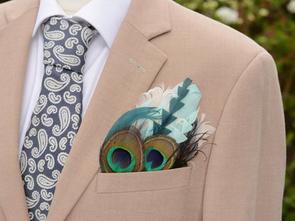 Shades of Green and Peacock Eye Feather Pocket Square No.206 | Suit Accessory