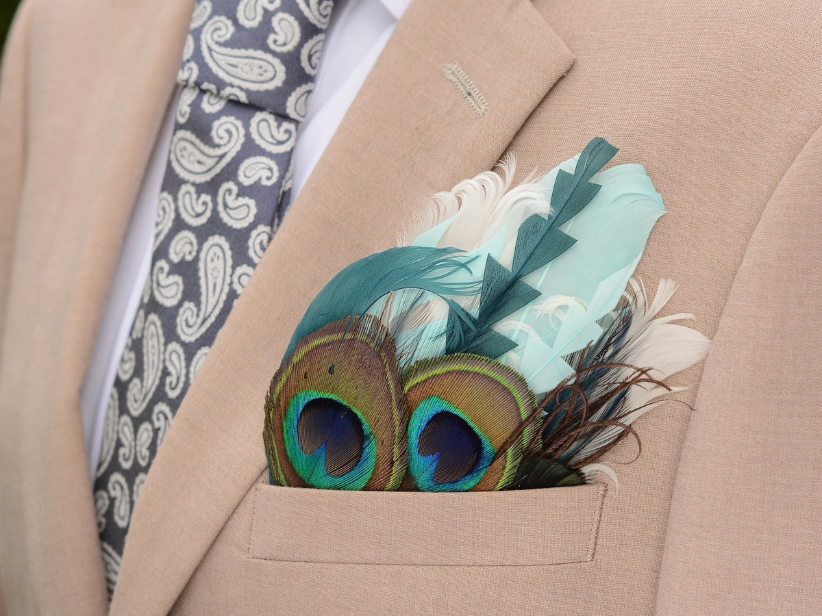 Shades of Green and Peacock Eye Feather Pocket Square No.206 | Suit Accessory