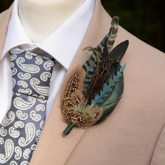 Teal and Green Feather Hat Pin / Boutonniere No.323 | Feather Boutonniere | Pheasant Feather Brooch