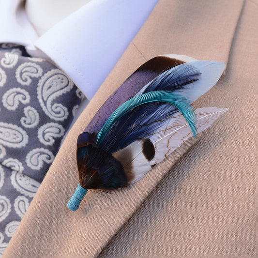 Shades of Blue Duck Feather Pin Small No.226 | Feather Boutonniere | Pheasant Feather Brooch