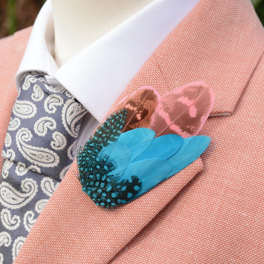 Bright Blue and Pink Feather Pin Small no.157 | Pheasant Feather Boutonniere | Feather Brooch | Feather Hat Pin