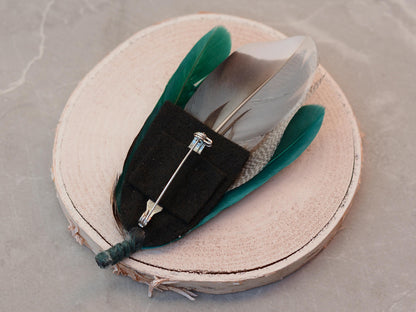 Shades of Teal and Green Duck Feather Boutonniere Small No.215 | Duck Feather Pin | Feather Hat Pin