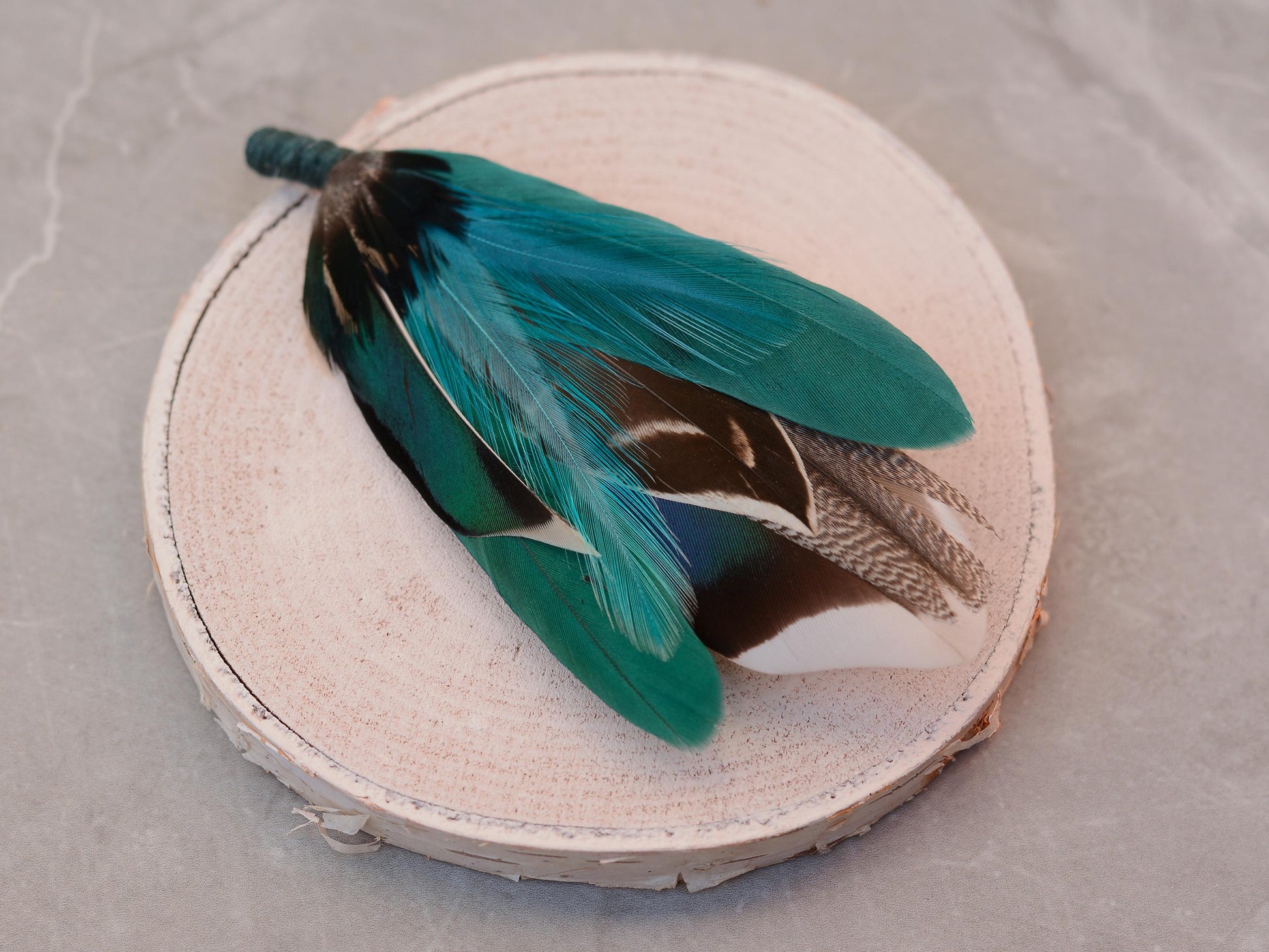 Shades of Teal and Green Duck Feather Boutonniere Small No.215 | Duck Feather Pin | Feather Hat Pin