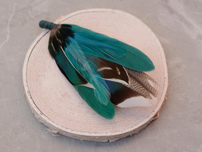 Shades of Teal and Green Duck Feather Boutonniere Small No.215 | Duck Feather Pin | Feather Hat Pin