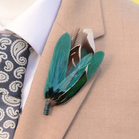 Shades of Teal and Green Duck Feather Boutonniere Small No.215 | Duck Feather Pin | Feather Hat Pin