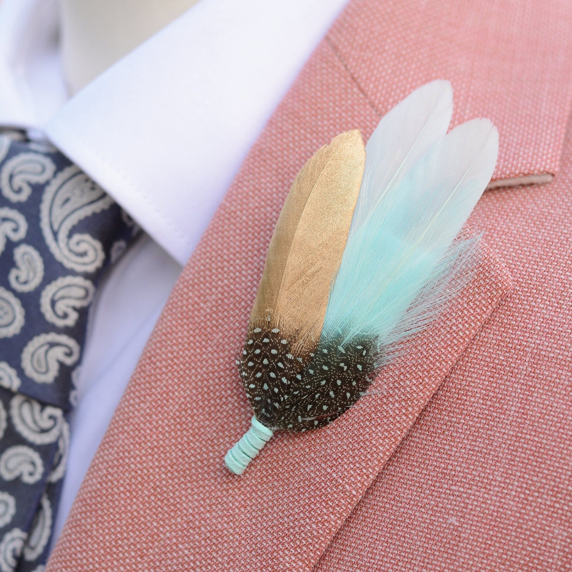 Feather Brooch Pin in Gold and Mint Green | Duck Feather Boutonniere | Feather Hat Pin