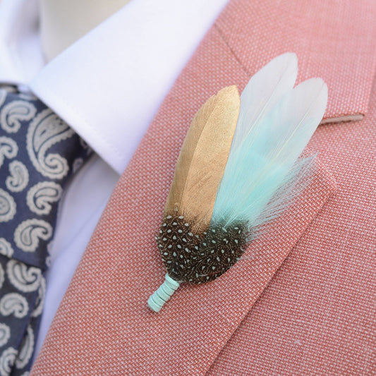 Feather Brooch Pin in Gold and Mint Green | Duck Feather Boutonniere | Feather Hat Pin