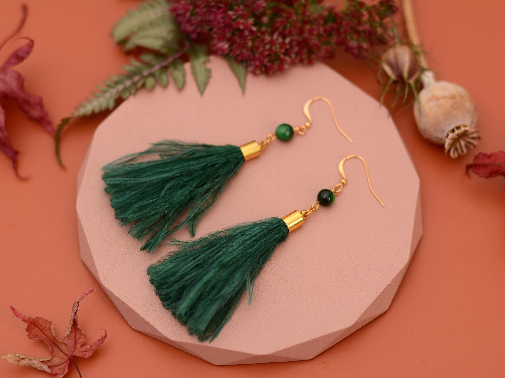 Green Agate and Ostrich Feather Tassel Earrings | Feather Jewellery | Long Earrings