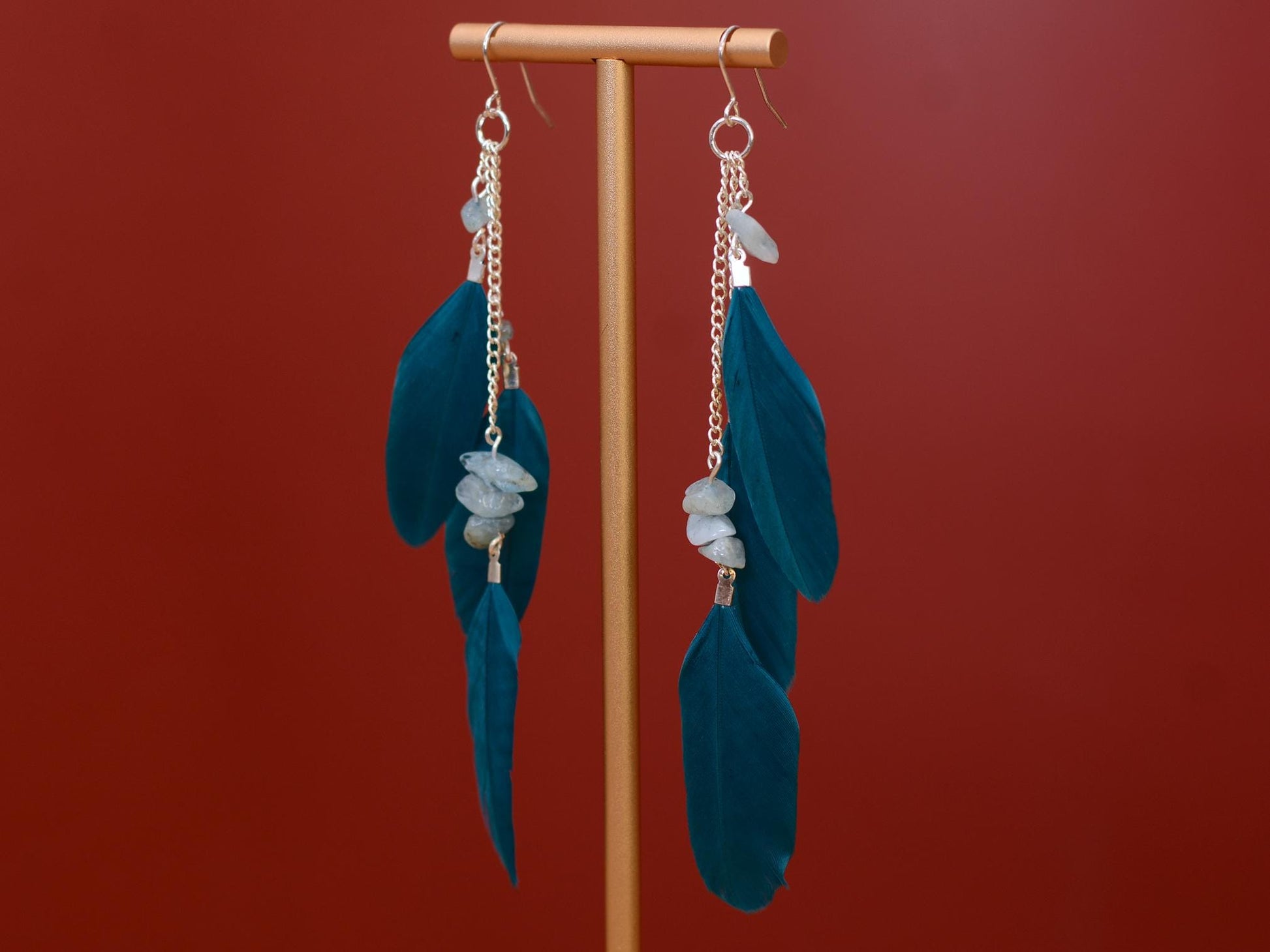 Long Teal Turquoise Drop Feather Earrings with Aquamarine Stone Chip Beads