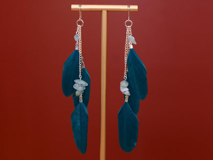 Long Teal Turquoise Drop Feather Earrings with Aquamarine Stone Chip Beads