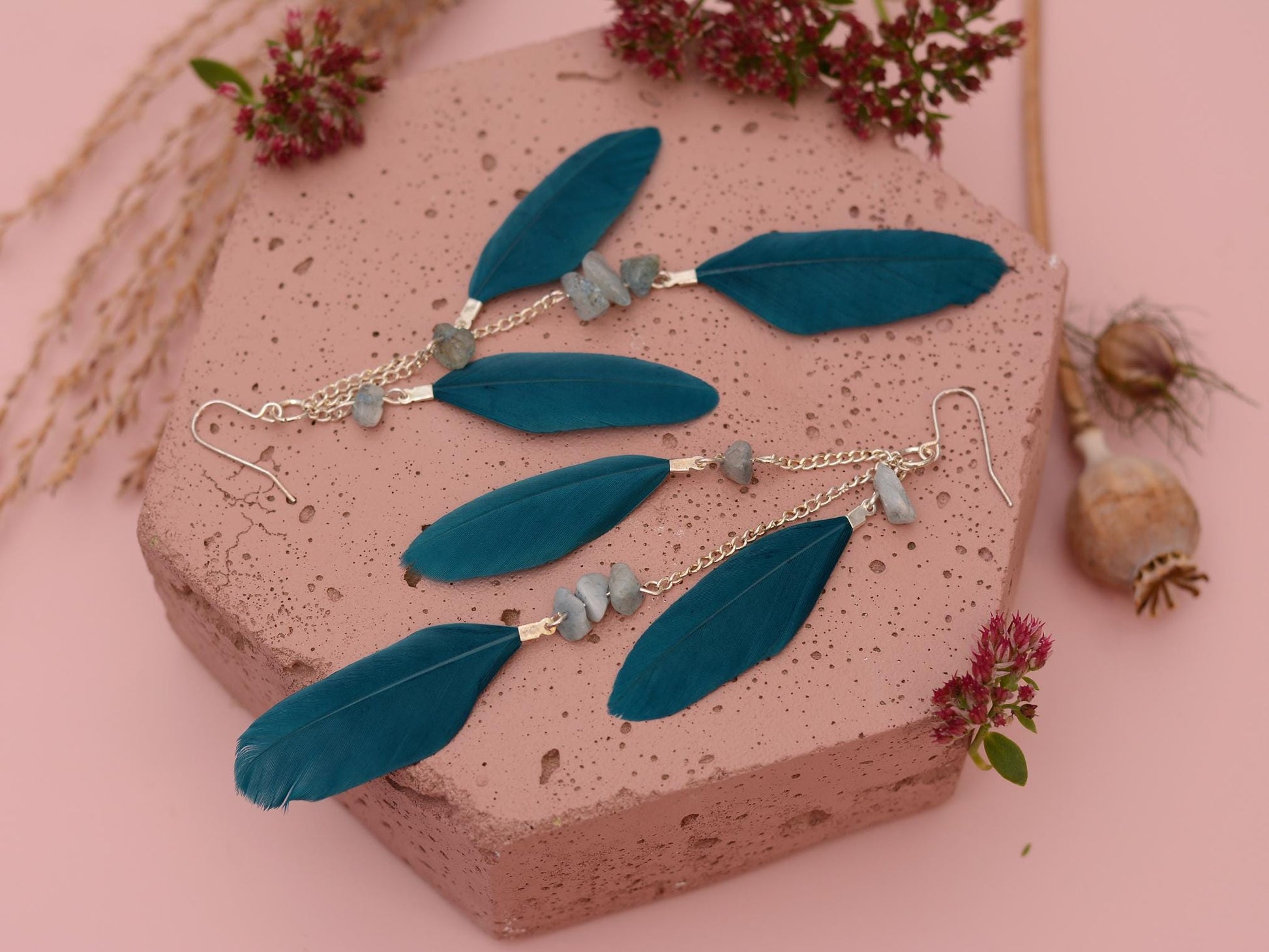 Long Teal Turquoise Drop Feather Earrings with Aquamarine Stone Chip Beads