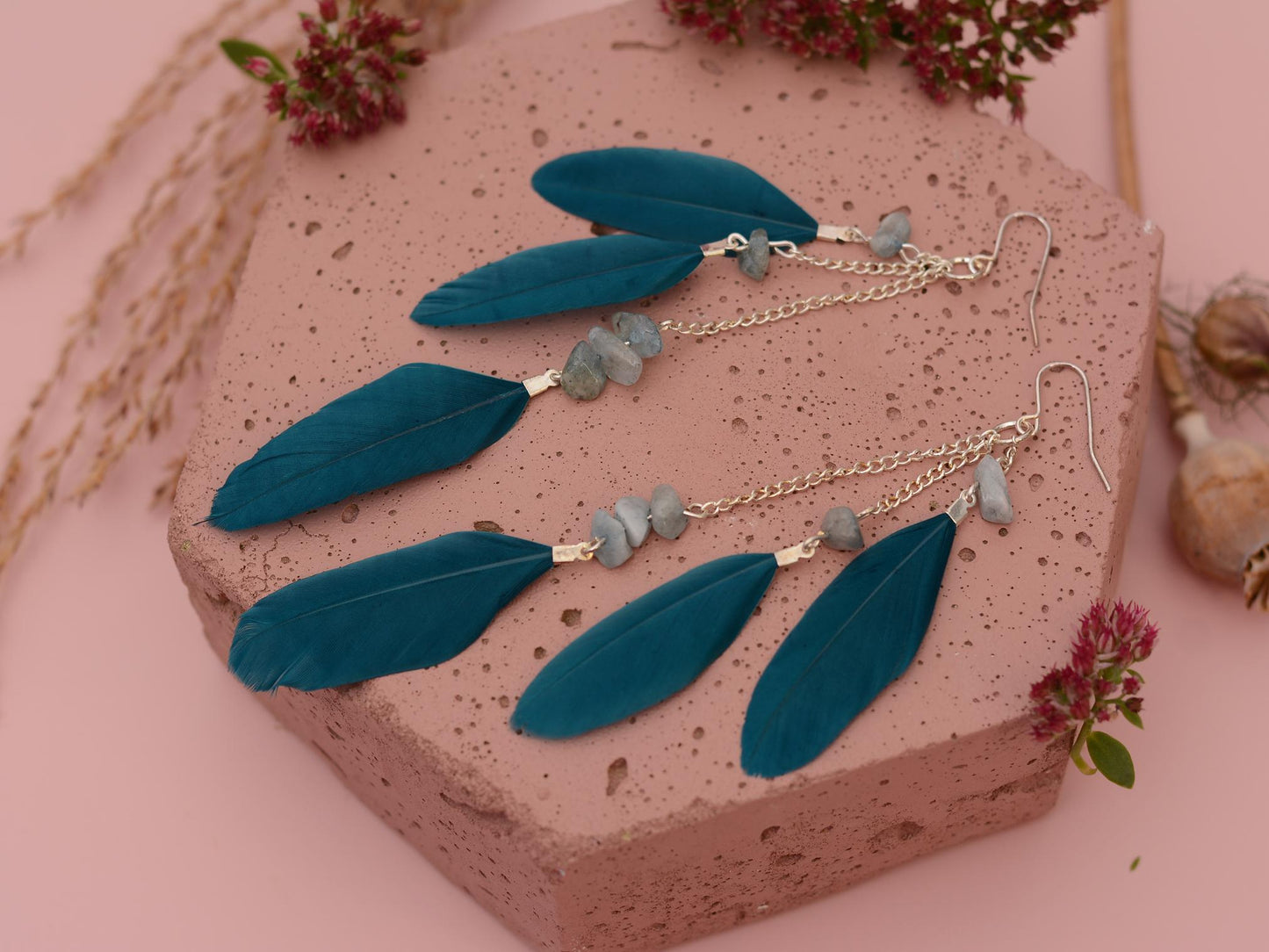 Long Teal Turquoise Drop Feather Earrings with Aquamarine Stone Chip Beads