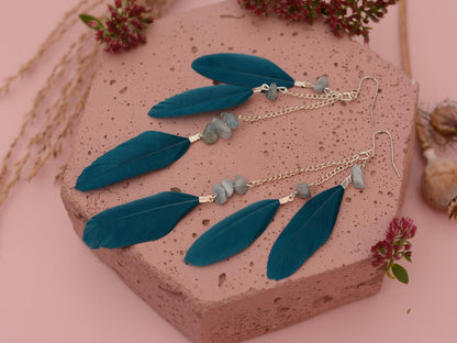 Long Teal Turquoise Drop Feather Earrings with Aquamarine Stone Chip Beads