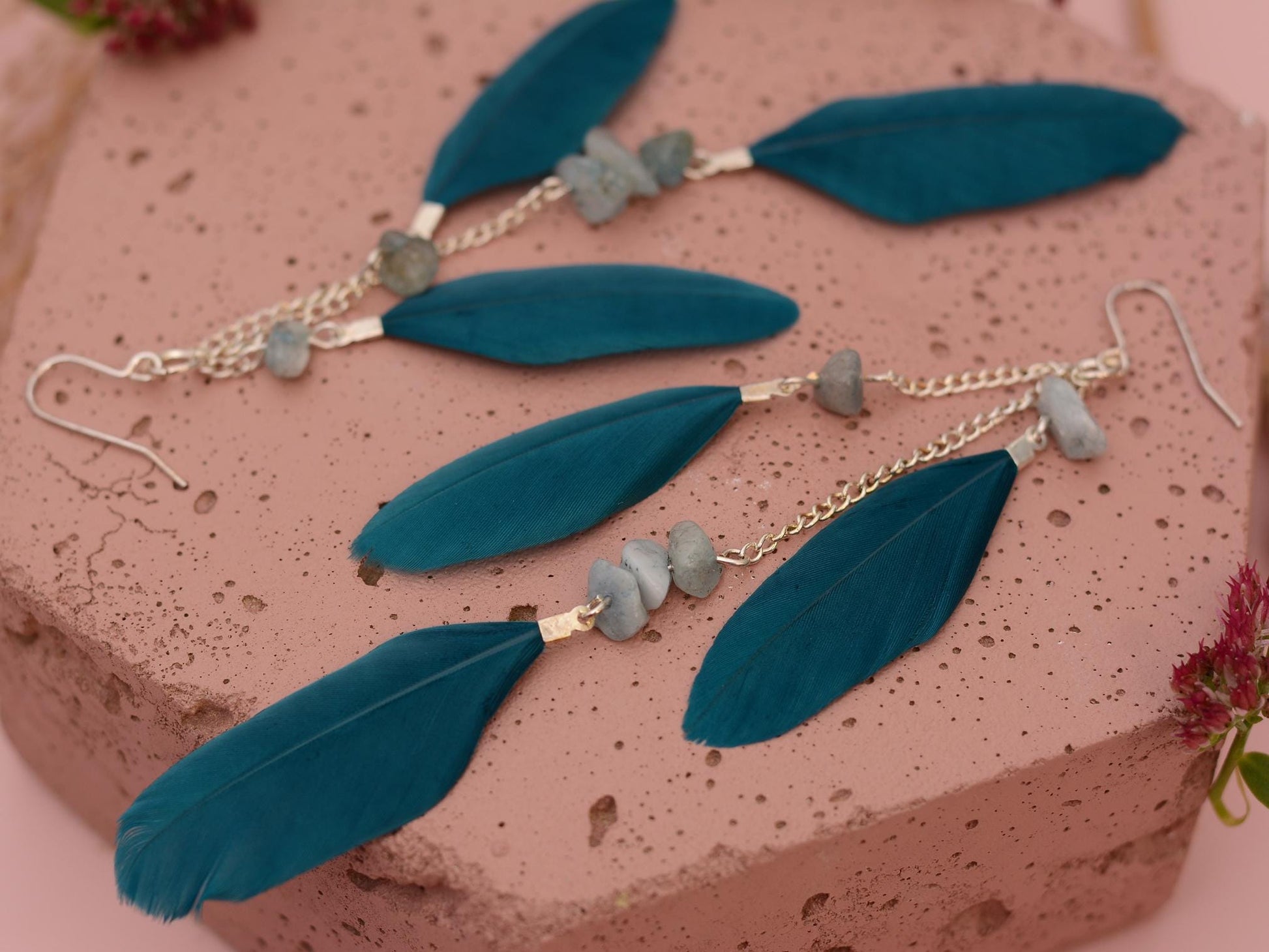 Long Teal Turquoise Drop Feather Earrings with Aquamarine Stone Chip Beads