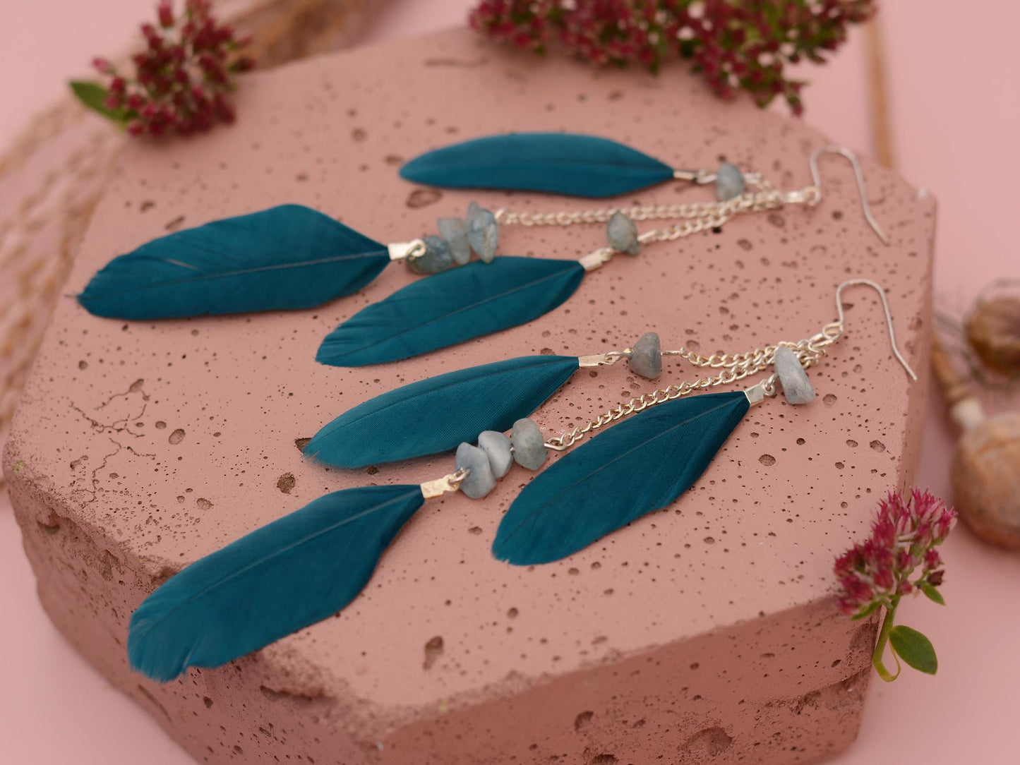 Long Teal Turquoise Drop Feather Earrings with Aquamarine Stone Chip Beads