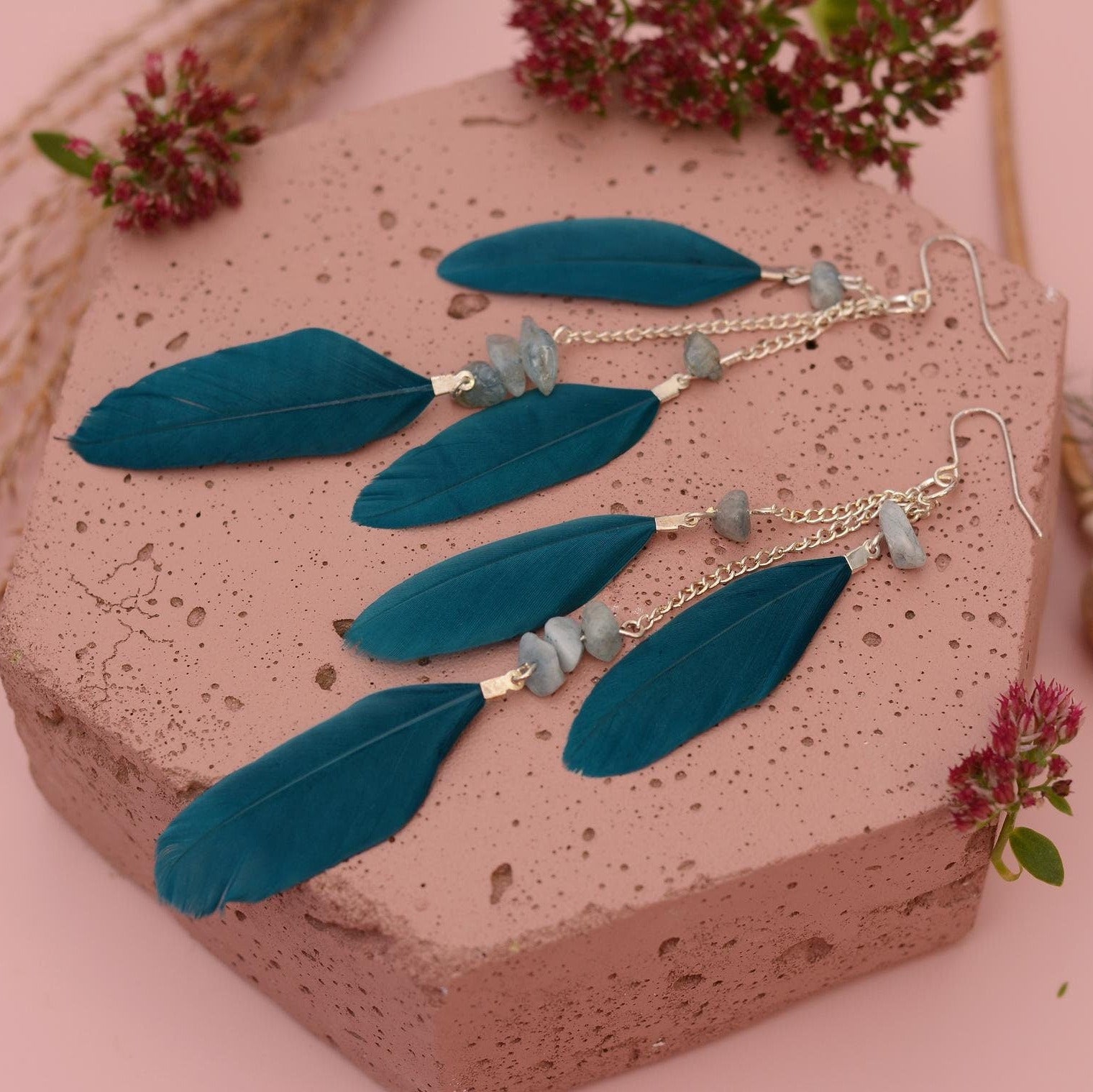 Long Teal Turquoise Drop Feather Earrings with Aquamarine Stone Chip Beads