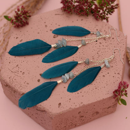 Long Teal Turquoise Drop Feather Earrings with Aquamarine Stone Chip Beads