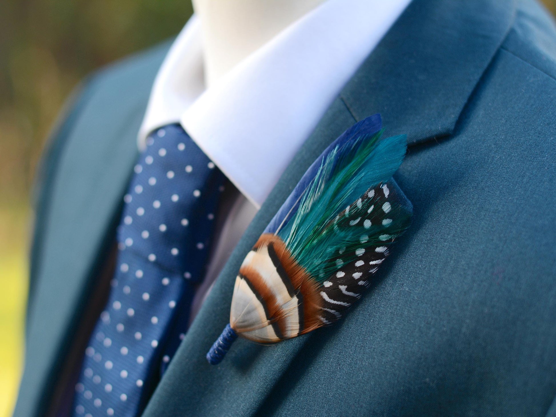 Navy Blue and Teal Feather Boutonniere | Duck Feather Hat Pin