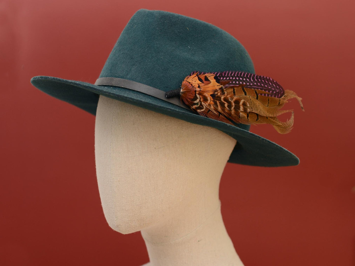Plum Purple and Copper Pheasant Feather Lapel Pin No.307 | Unique Pheasant Feather Boutonniere