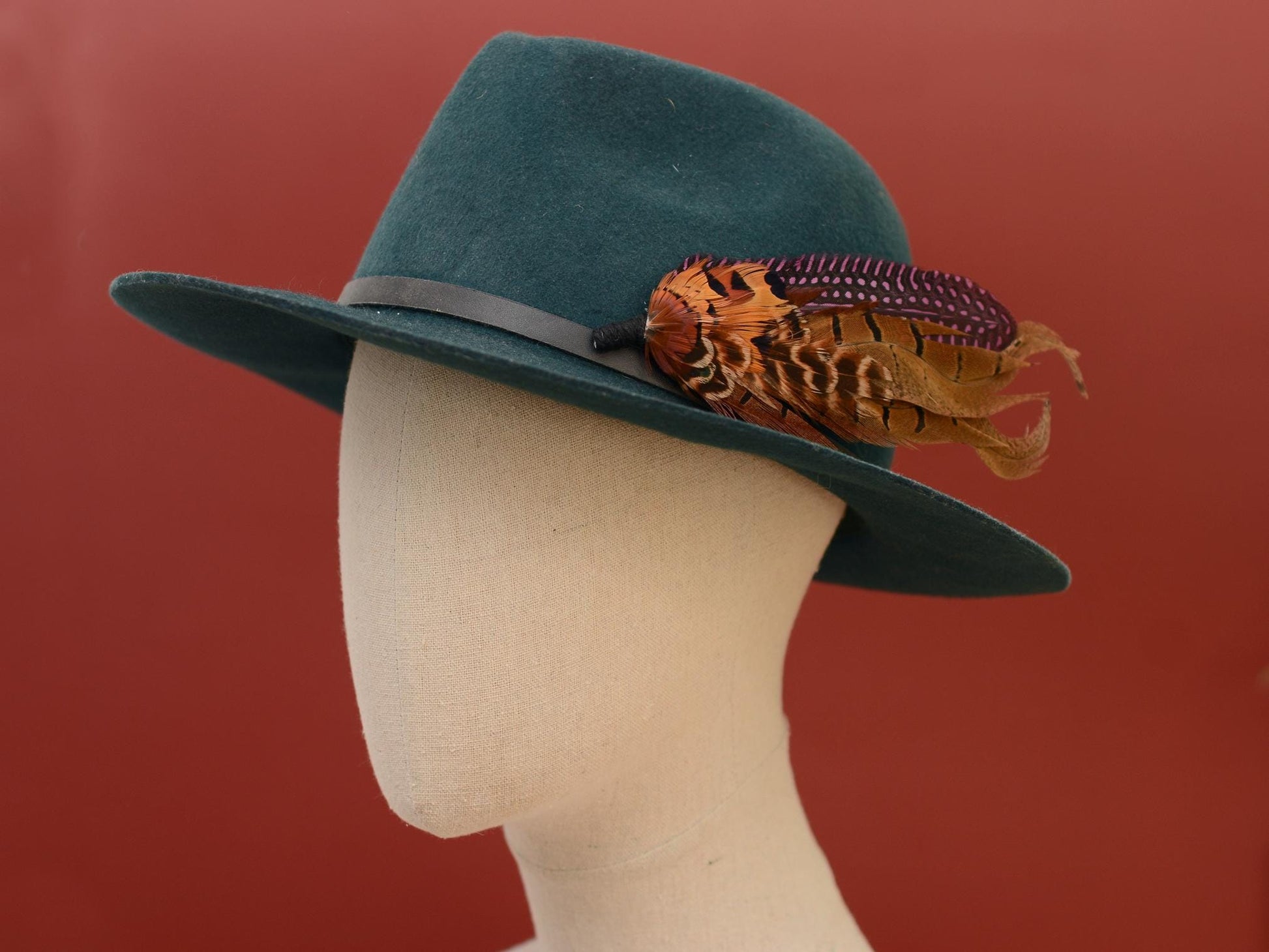 Plum Purple and Copper Pheasant Feather Lapel Pin No.307 | Unique Pheasant Feather Boutonniere