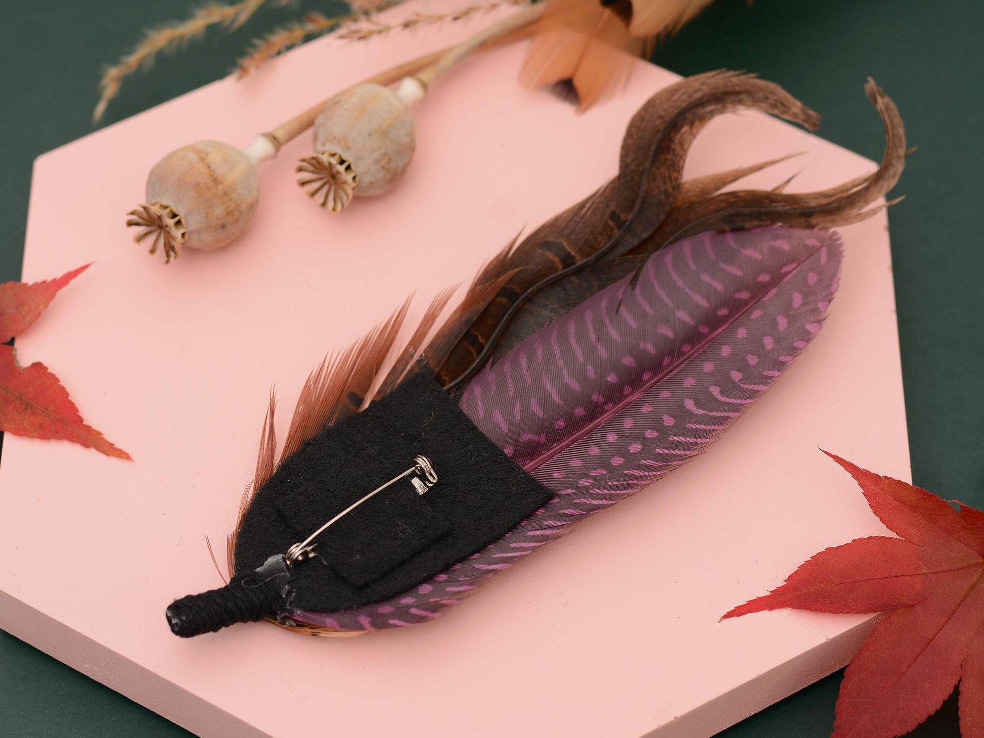 Plum Purple and Copper Pheasant Feather Lapel Pin No.307 | Unique Pheasant Feather Boutonniere