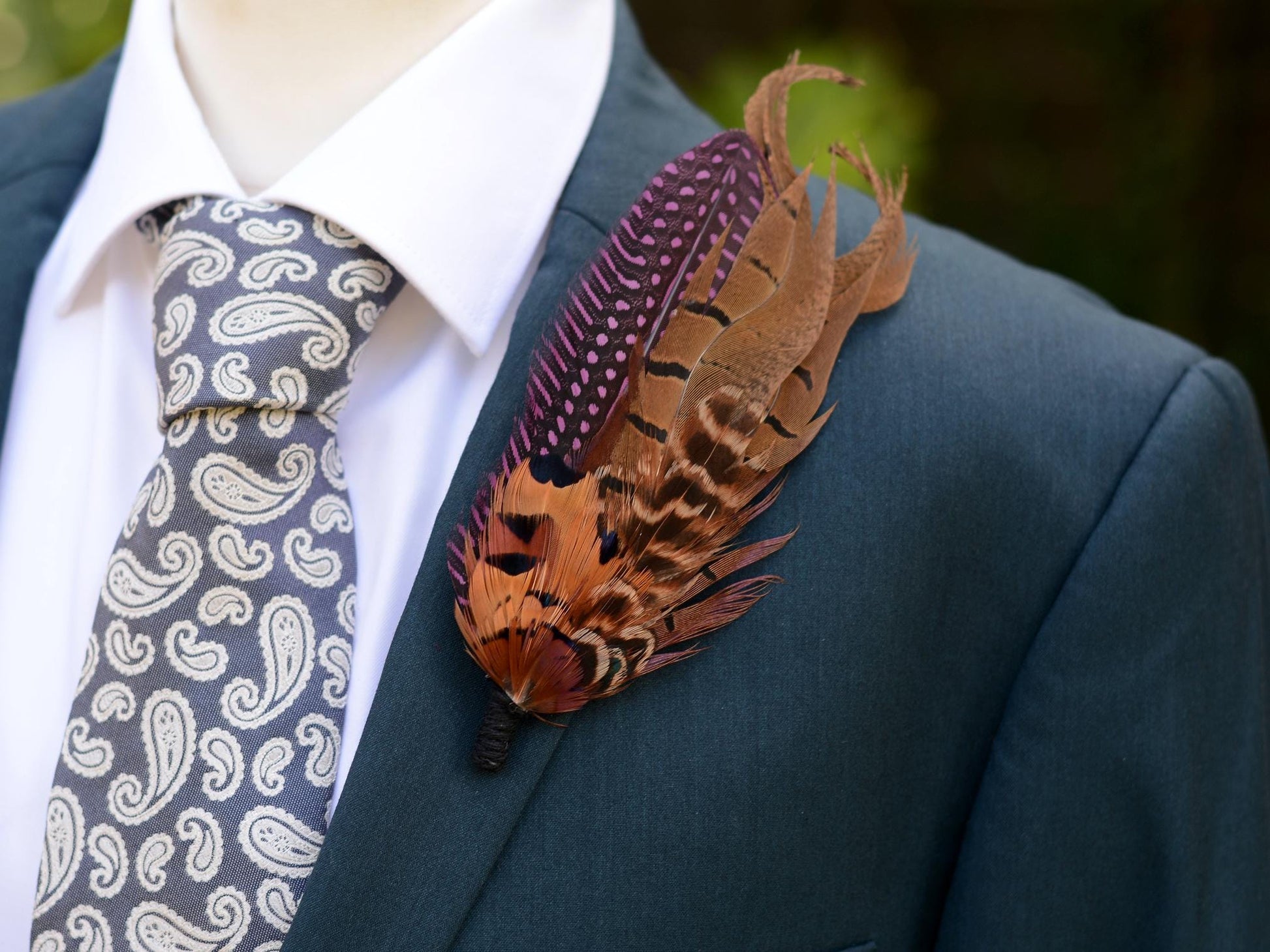 Plum Purple and Copper Pheasant Feather Lapel Pin No.307 | Unique Pheasant Feather Boutonniere
