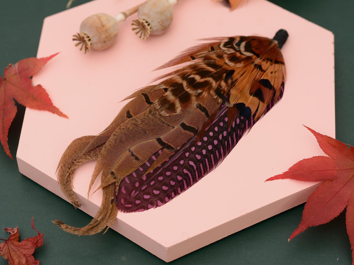 Plum Purple and Copper Pheasant Feather Lapel Pin No.307 | Unique Pheasant Feather Boutonniere