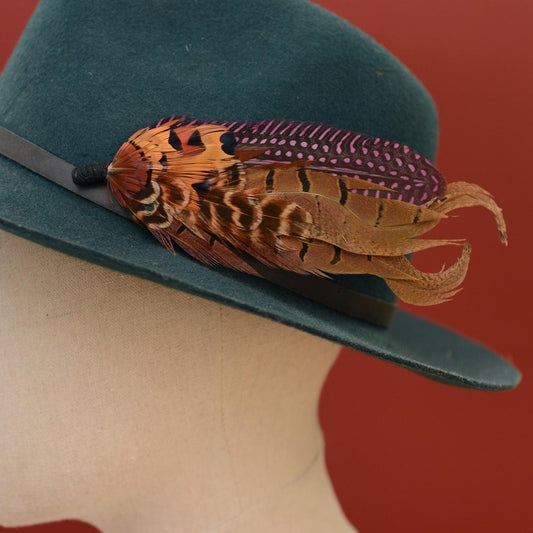 Plum Purple and Copper Pheasant Feather Lapel Pin No.307 | Unique Pheasant Feather Boutonniere