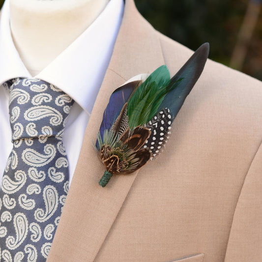 Navy and Green Pheasant and Duck Feather Lapel Pin / Hat Pin | Pheasant Feather Boutonniere | Pheasant Feather Brooch