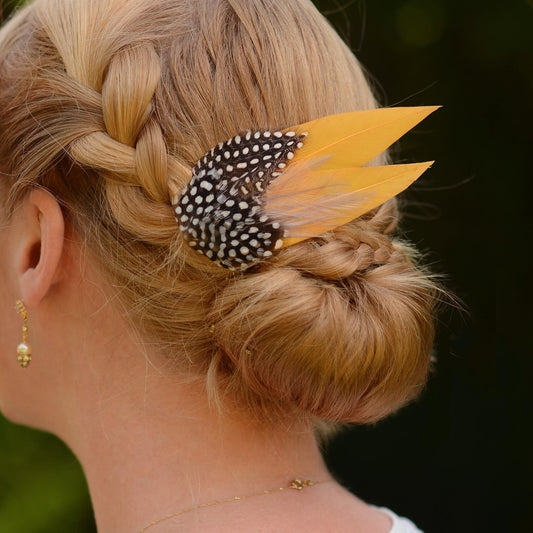 Mustard Yellow and Polka Dot Feather Hair Clip | Yellow Feather Fascinator | Gold Yellow Feather Headpiece | Wedding Fascinator