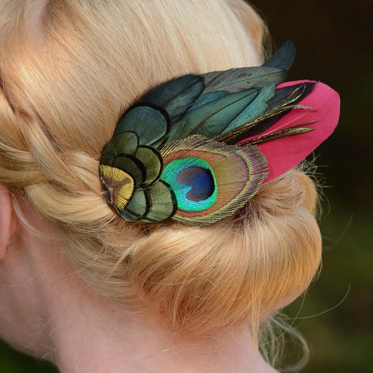 Burgundy and Peacock Feather Hair Clip | Peacock Feather Fascinator | Wedding Fascinator | Bridal Hair Clip | Bridesmaid Hair Clip
