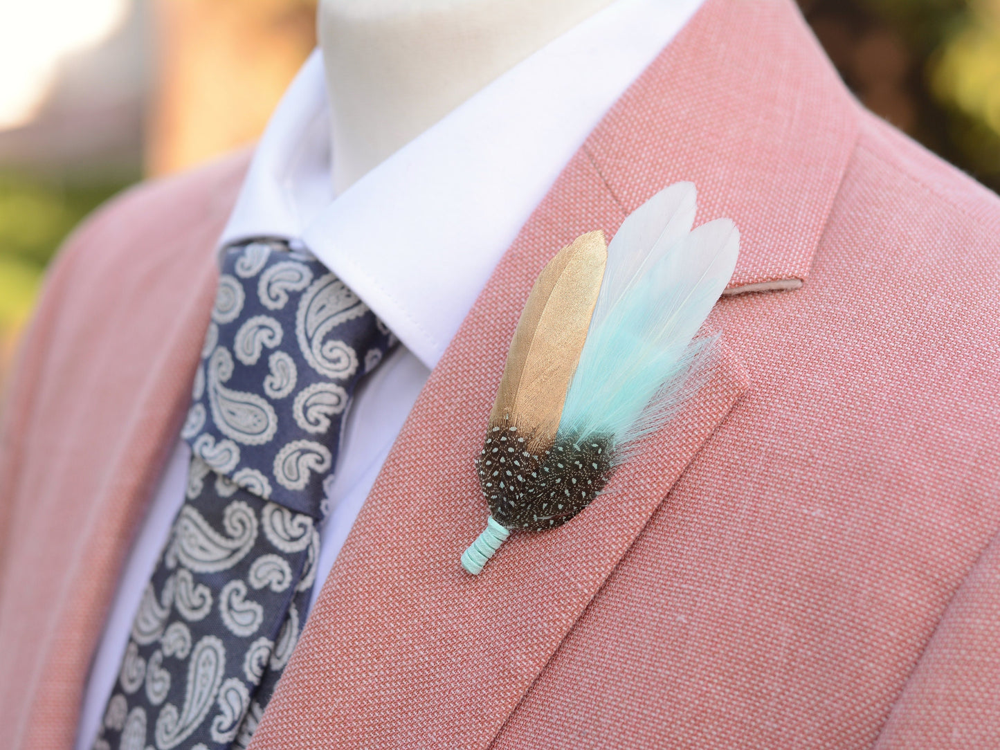 Feather Brooch Pin in Gold and Mint Green | Duck Feather Boutonniere | Feather Hat Pin
