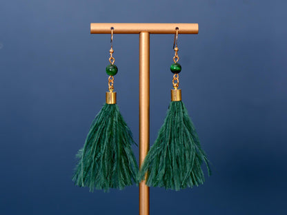 Green Agate and Ostrich Feather Tassel Earrings | Feather Jewellery | Long Earrings