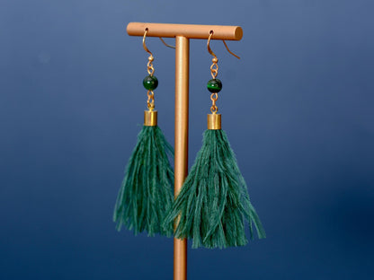 Green Agate and Ostrich Feather Tassel Earrings | Feather Jewellery | Long Earrings