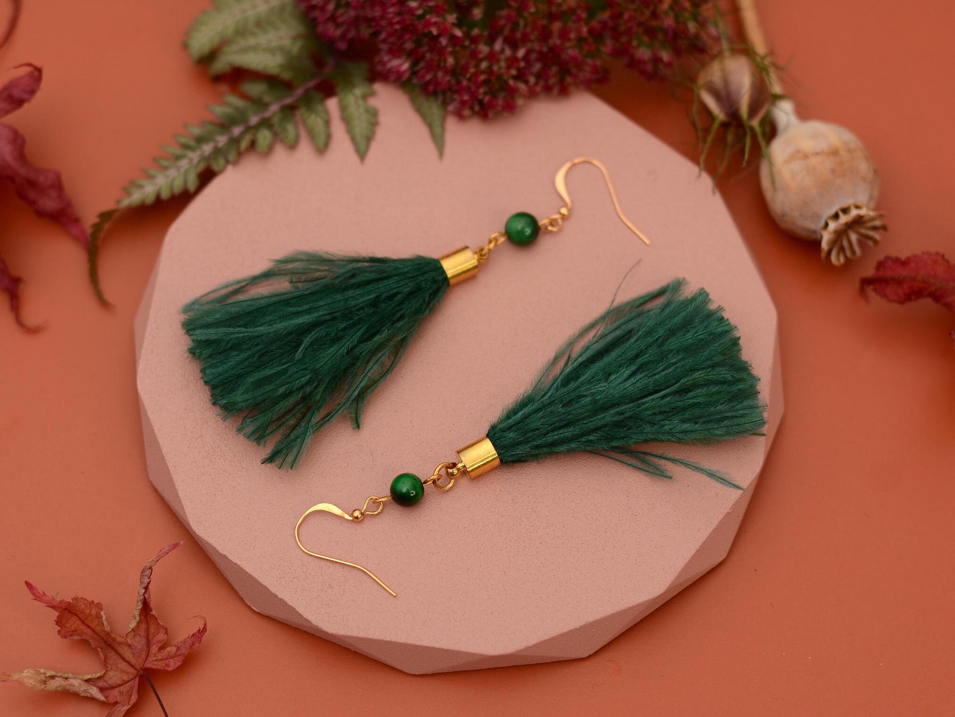 Green Agate and Ostrich Feather Tassel Earrings | Feather Jewellery | Long Earrings