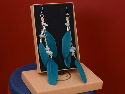 Long Teal Turquoise Drop Feather Earrings with Aquamarine Stone Chip Beads