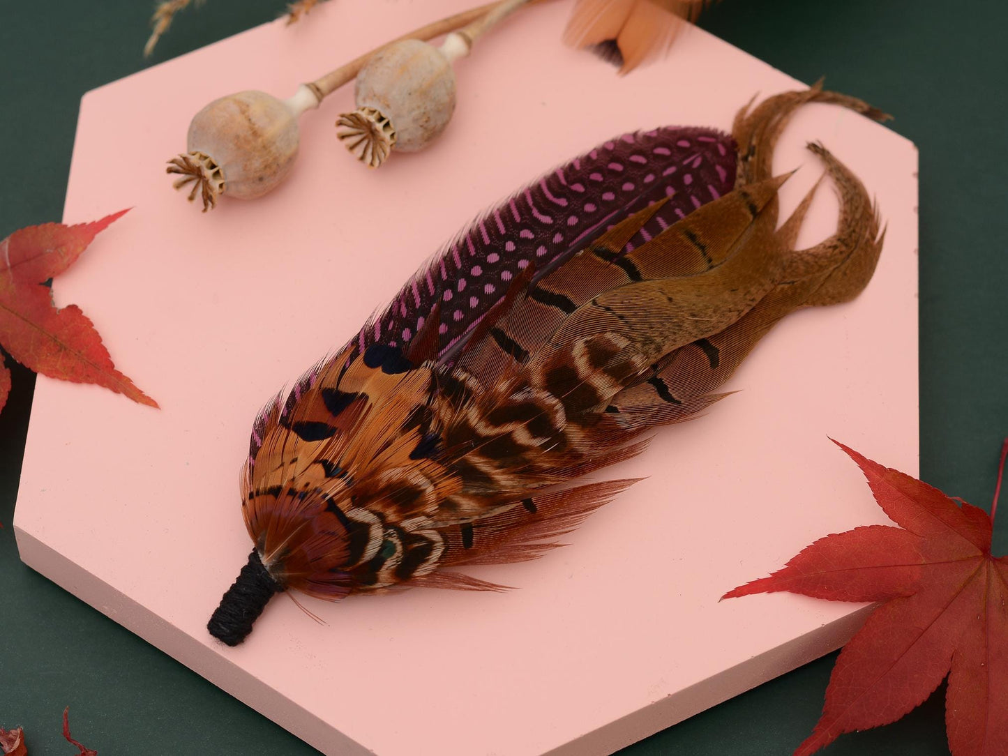 Plum Purple and Copper Pheasant Feather Lapel Pin No.307 | Unique Pheasant Feather Boutonniere
