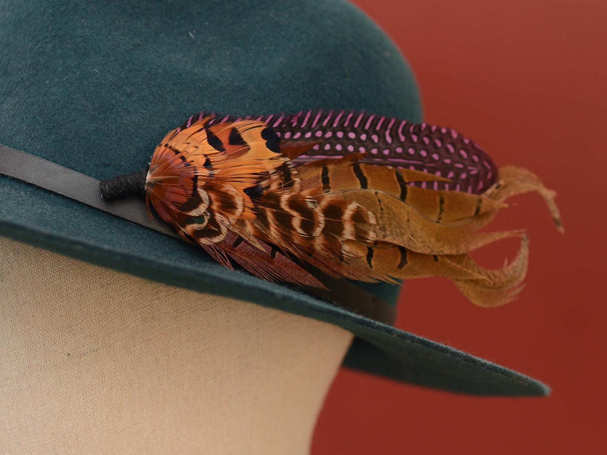 Plum Purple and Copper Pheasant Feather Lapel Pin No.307 | Unique Pheasant Feather Boutonniere