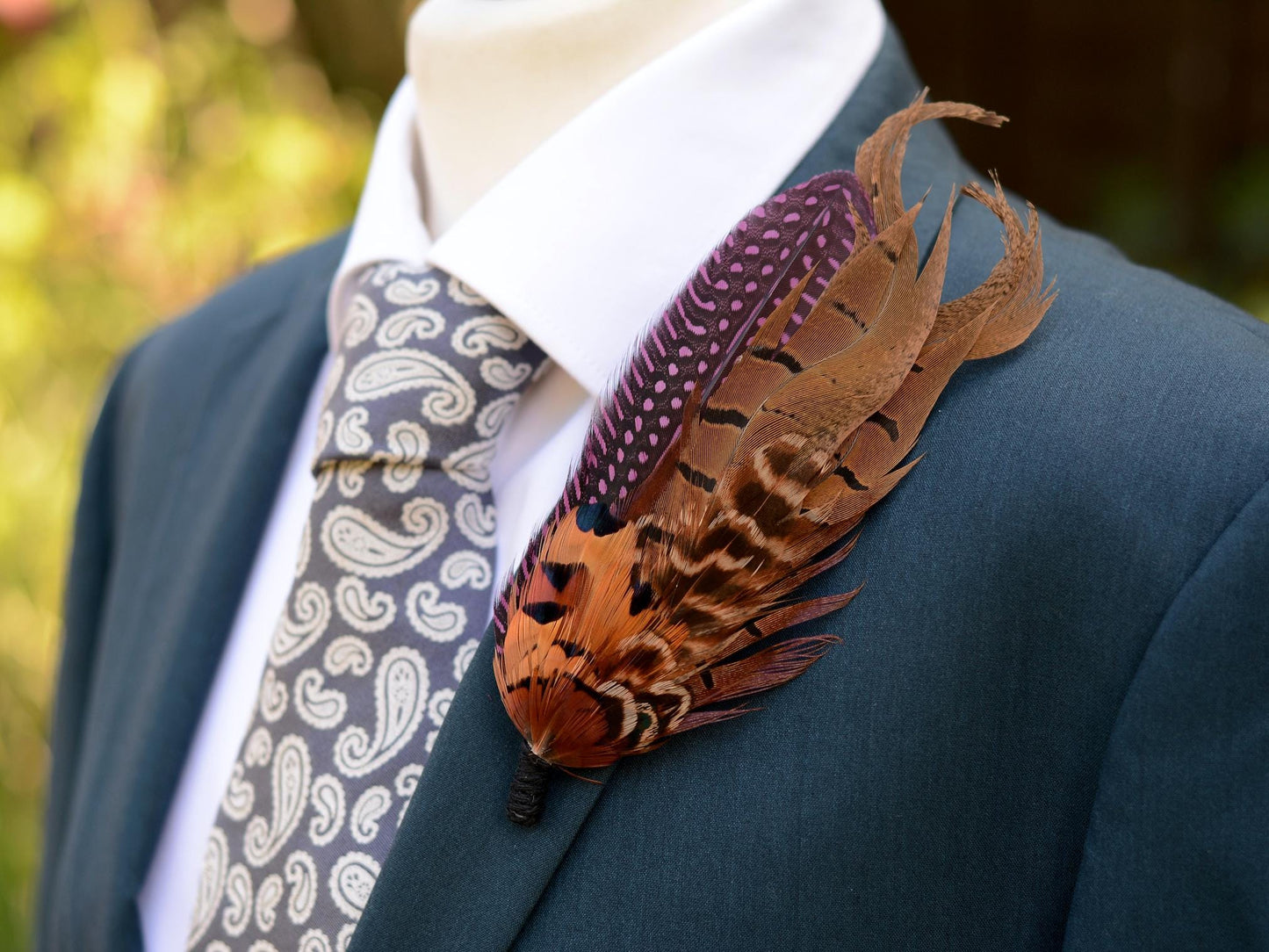 Plum Purple and Copper Pheasant Feather Lapel Pin No.307 | Unique Pheasant Feather Boutonniere