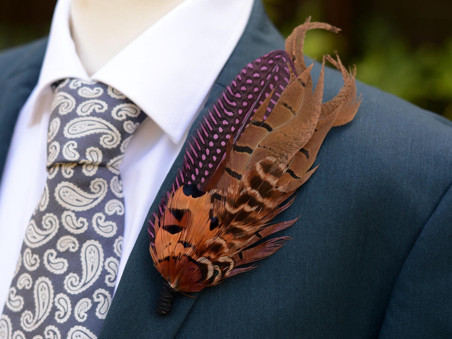 Plum Purple and Copper Pheasant Feather Lapel Pin No.307 | Unique Pheasant Feather Boutonniere