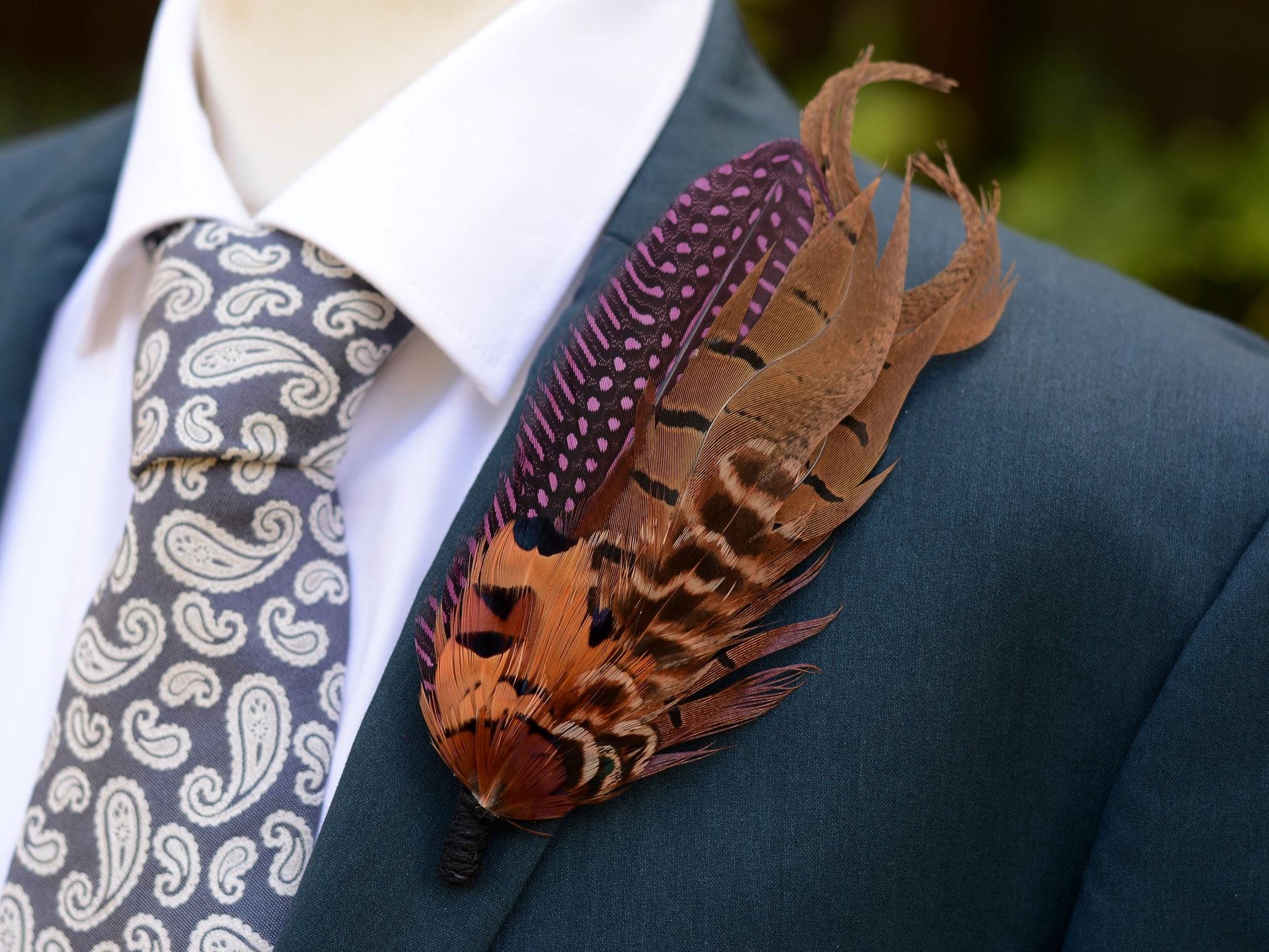 Plum Purple and Copper Pheasant Feather Lapel Pin No.307 | Unique Pheasant Feather Boutonniere