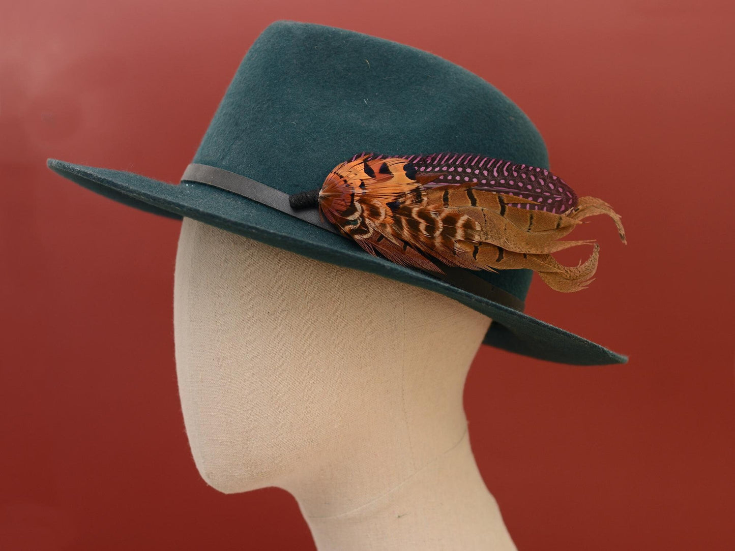 Plum Purple and Copper Pheasant Feather Lapel Pin No.307 | Unique Pheasant Feather Boutonniere