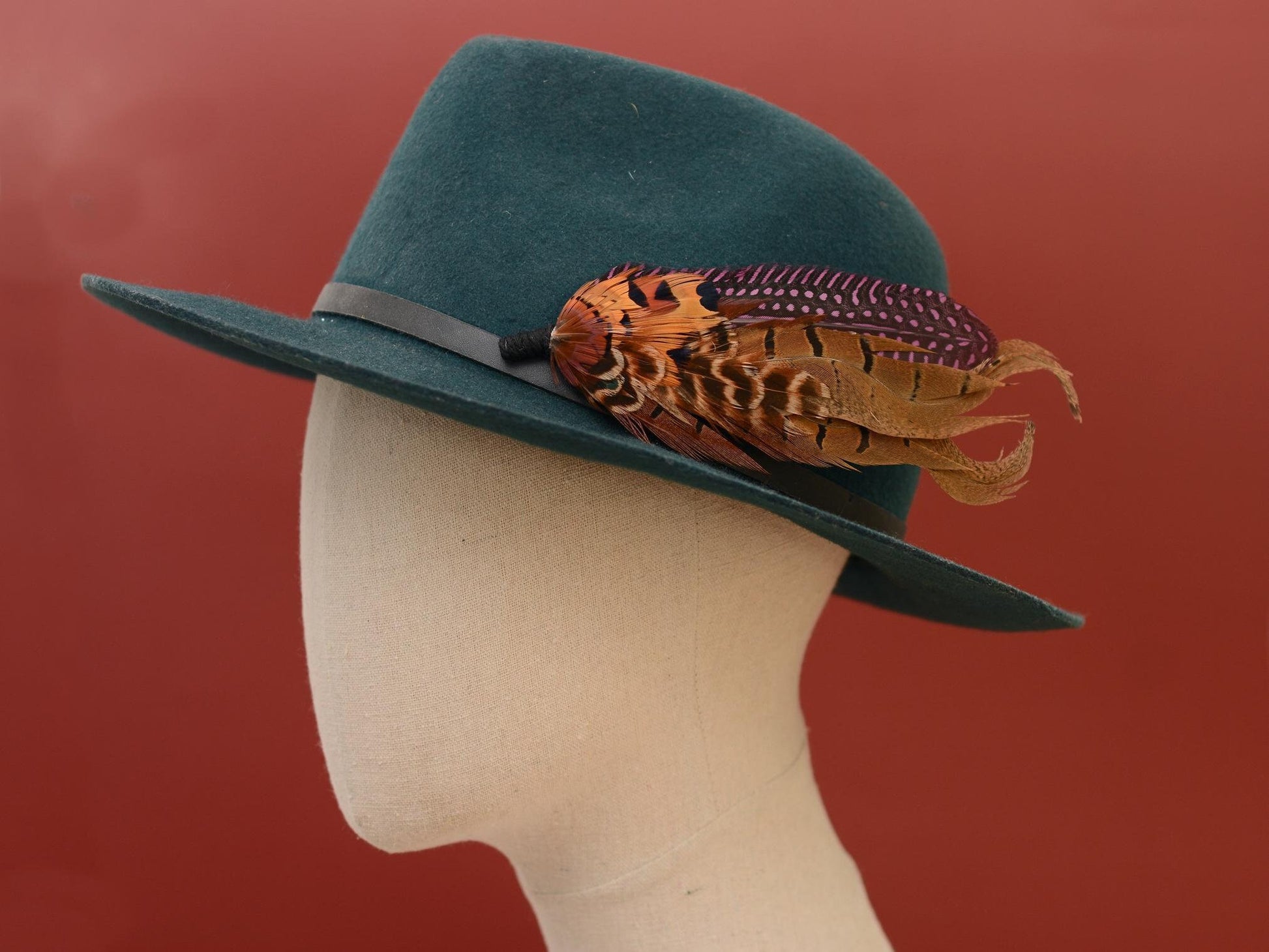 Plum Purple and Copper Pheasant Feather Lapel Pin No.307 | Unique Pheasant Feather Boutonniere