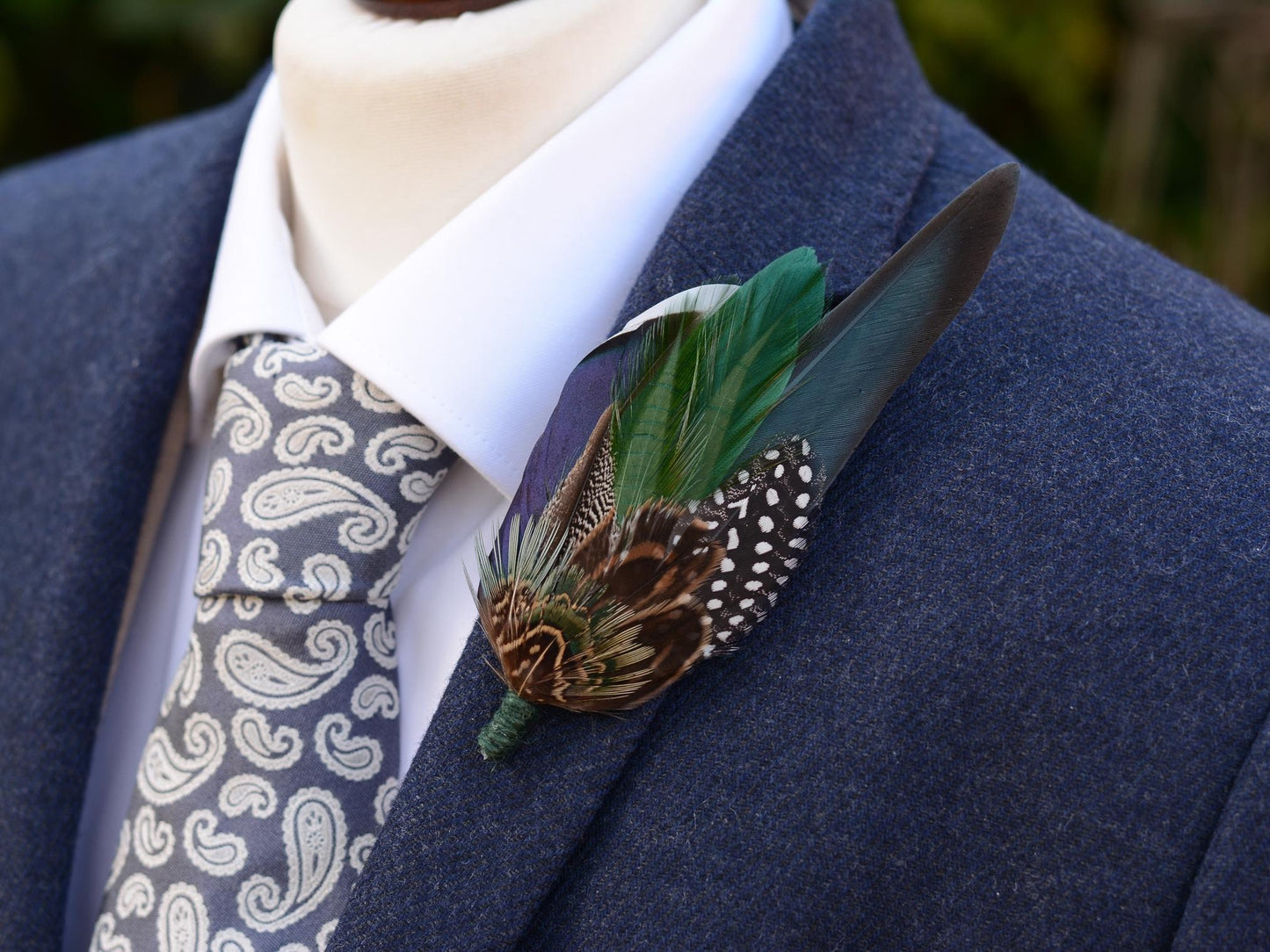 Navy and Green Pheasant and Duck Feather Lapel Pin / Hat Pin | Pheasant Feather Boutonniere | Pheasant Feather Brooch