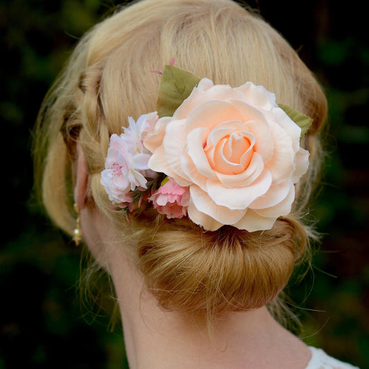 Peach and Pink Rose Hair Clip | Bridal Headpiece | Floral Headpiece | Bridal Hair Clip | Flower Headpiece | Flower Hair Clip