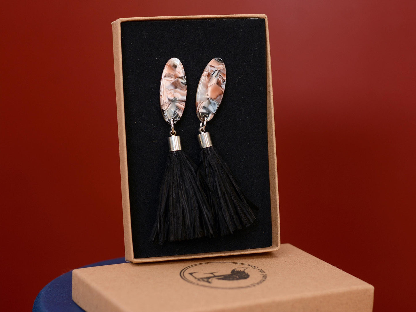 Black and Blush Pink Oval Acetate and Ostrich Feather Tassel Earrings